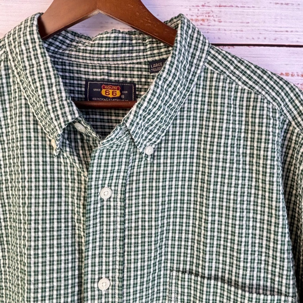 Vintage 90s Short Sleeve Shirt Route 66 L Green White Cotton Poly Gingham Check